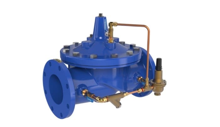 A blue valve with some pipes and valves